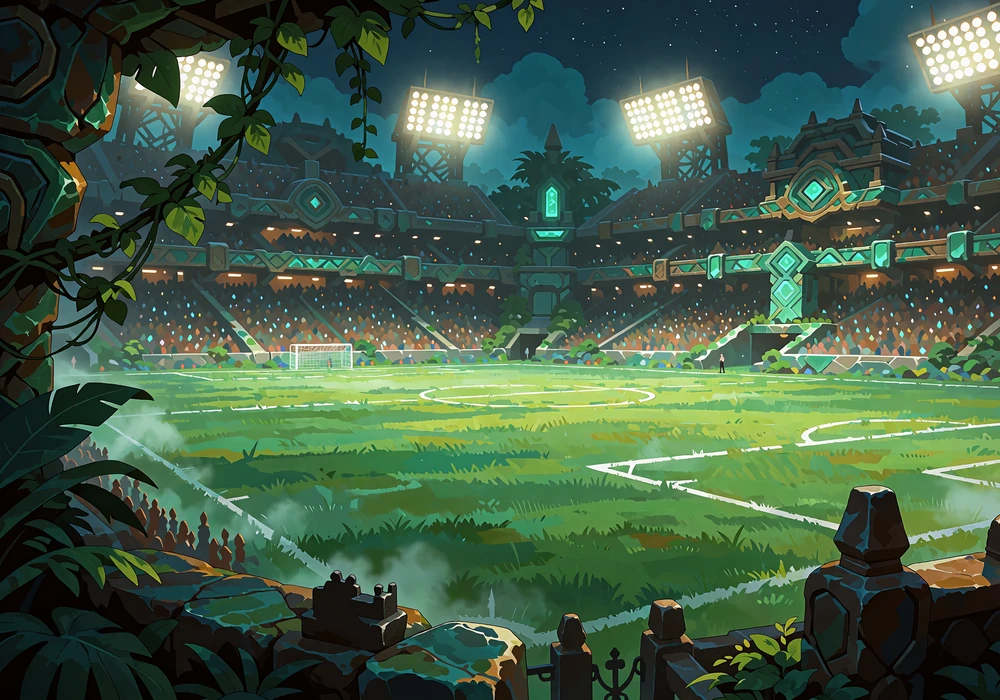 Oświetlony nocą stadion piłkarski z zieloną murawą i liśćmi dżungli w rogu kadru - sekcja zakład&oacute;w sportowych