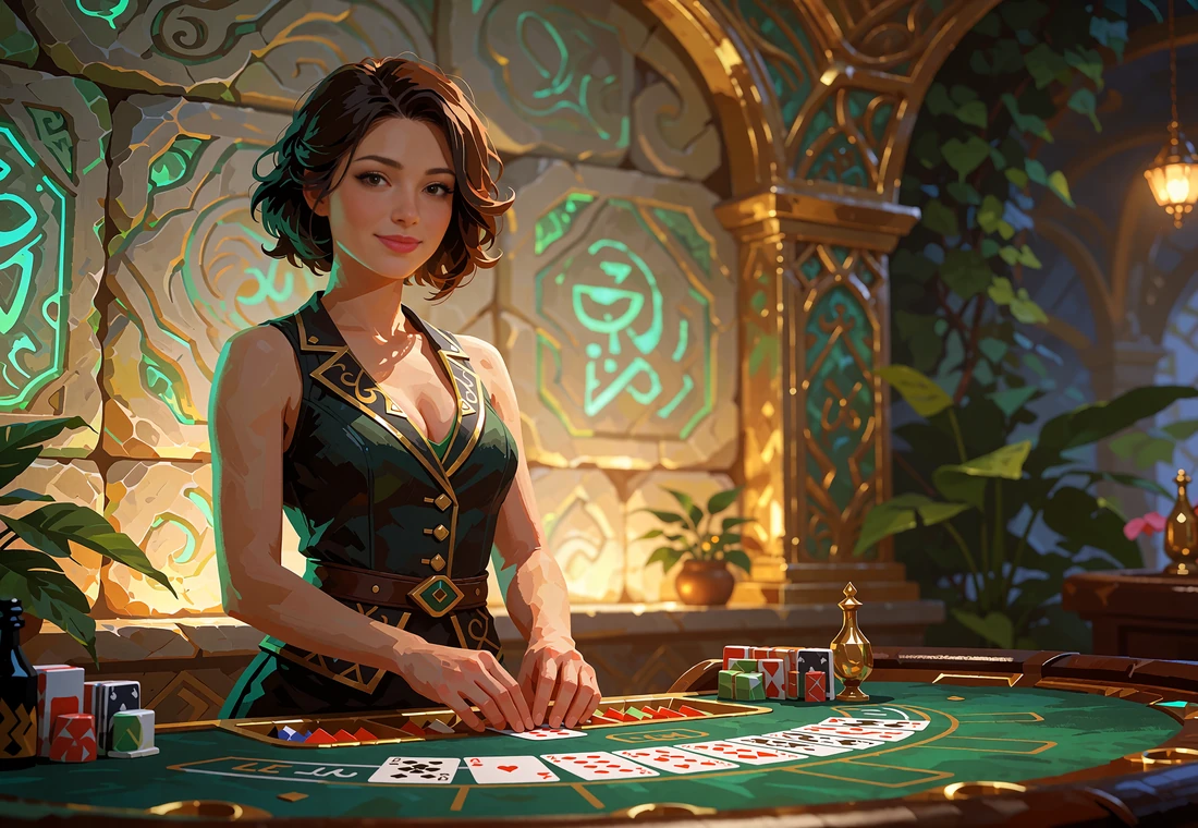 Krupierka przy stole karcianym w studiu live casino z kamiennymi panelami i poświatą jadeitu