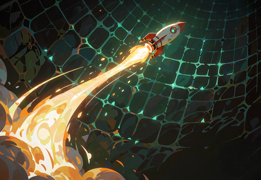 Rakieta ze złotym ogniem wznosząca się po świetlistej krzywej na tle ciemnozielonej siatki - crash games
